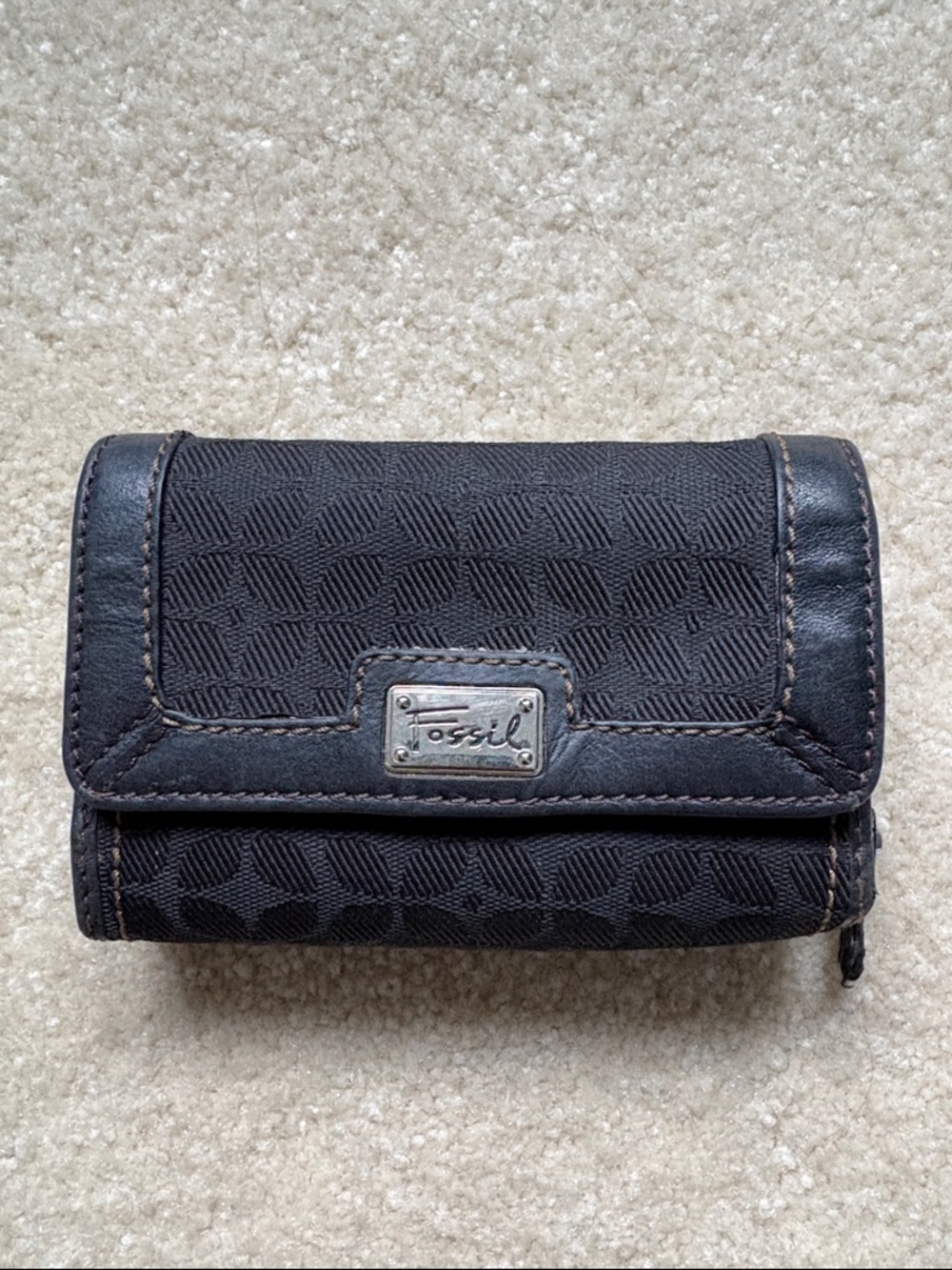 Fossil Leather Tri Fold Wallet Black Classic Zip Pocket